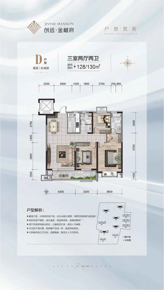 創(chuàng)遠(yuǎn)金樾府D戶(hù)型 128/130㎡ 三室兩廳兩衛(wèi)