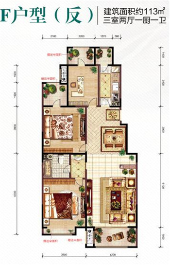 伊麗莎白洋房f戶型 約113㎡三室兩廳一廚一衛(wèi)