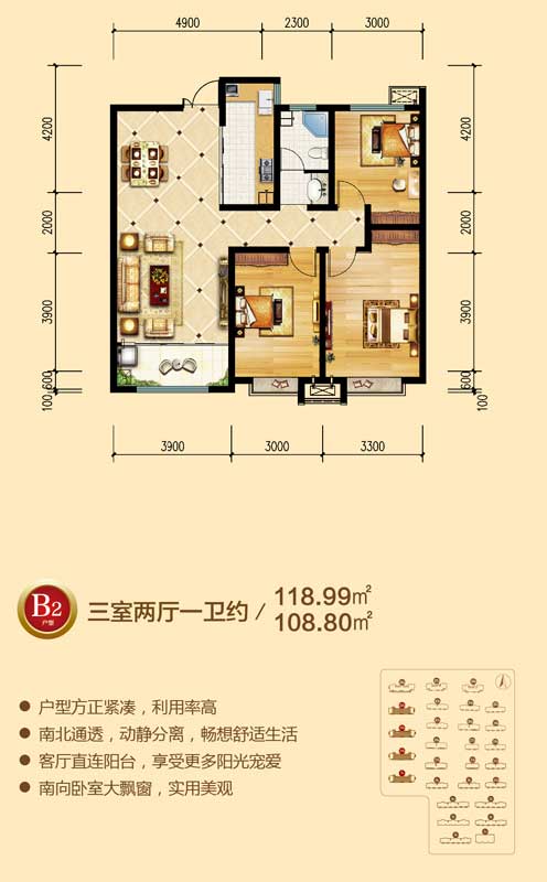 潤地·中央上城 B2戶型三室兩廳一衛(wèi)約108.80/118.99㎡