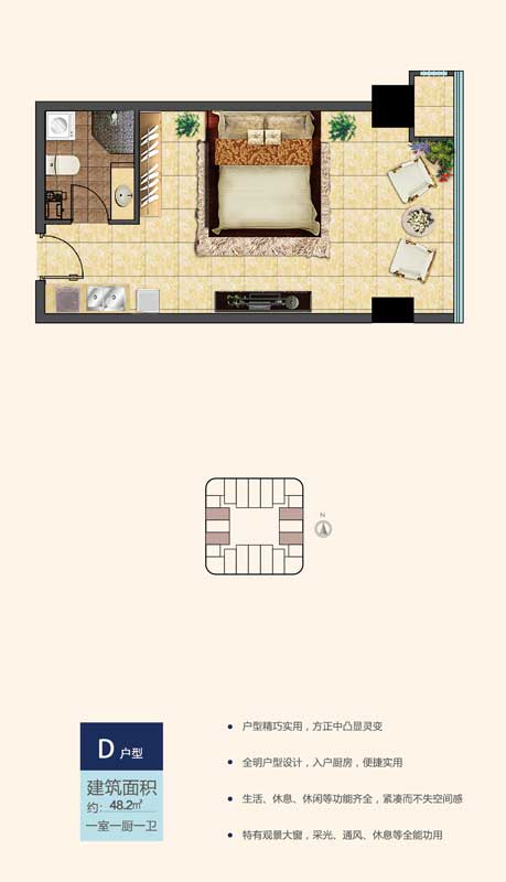 魯南新國(guó)際D戶型 48.2㎡ 一室一廚一衛(wèi)