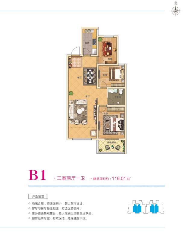 翔宇三江領秀B1戶型 三室兩廳一衛(wèi) 119.01㎡